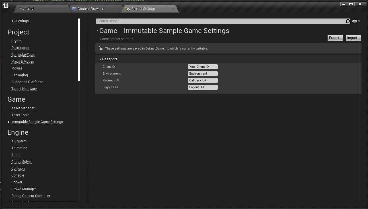 Immutable Sample game project settings